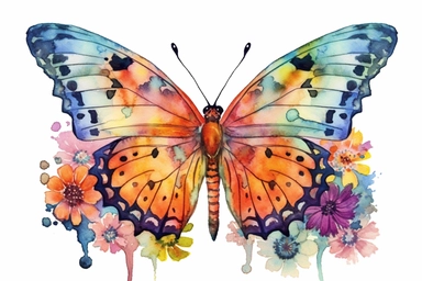 Watercolor, Generate an image of a Variegated Fritillary butterfly resting on a bed of colorful wildflowers, clipart, hd, on a white background, spaced out