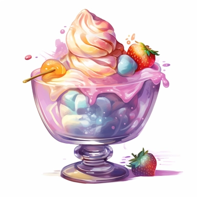 a drawing of a dessert featuring candy and whipped cream, icecream sundae, glass bowl, in the style of pastel toned, shiny/glossy, colorful fantasy realism, caffenol developing, warmcore, #screenshotsaturday, rubens, white background, isolated, free brushstrokes, watercolor illustration, clipart,