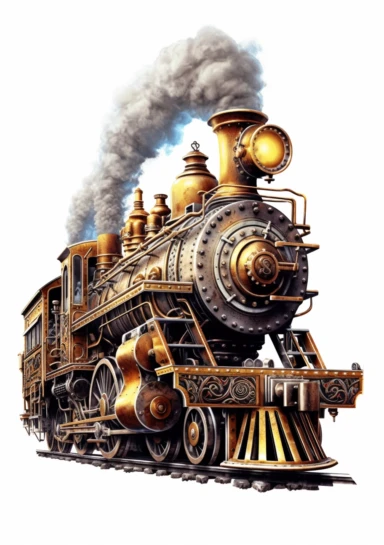 Locomotive Steampunk, big beautiful locomotive, bursting with steam, Steampunk Clipart, Retro Futuristic, Victorian Era Art Print, colorful, details, high quality 8K, white background
