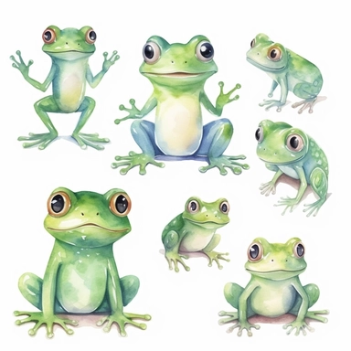 watercolor kawaii frogs, illustrations clipart set, simple, cartoon elements, different variants, separate elements with a margin