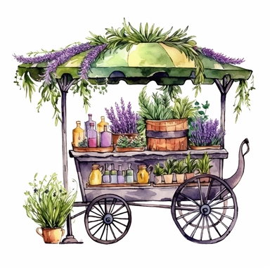 clipart, isolated on white background, beautiful lovely Watercolor metal ornated green Floral cart with lavender and rosemary with a lot of leaves and branches with canopy, ornated, many details, vivid and saturated colors