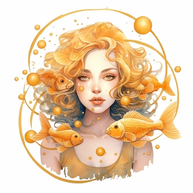 Pisces zodiac sign as fantasy cute girl surrounded by two golden fish, water theme, Watercolor pisces Zodiac Sign Clipart, 8k, detailed white background, uplighted