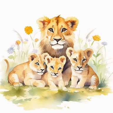 Clipart of family of Lion, a lion cubs playing near mother lion in a field, watercolor painting, white background, featured on pixiv, computer art, madhey of flowers, watercolor, digital illustration, detailed painting, realistic