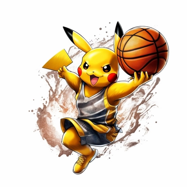 Pokemon Pikachu playing basketball in real action as Original LA lakers. Comic Design 3d clipart with black contours. White background