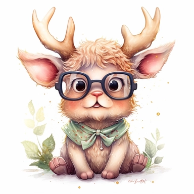 kawaii adorable fantasy baby elk wearing cute glasses, nursery art, clipart image, line art image, white background, inspired by yoshitaka amano art, very detailed, 8k