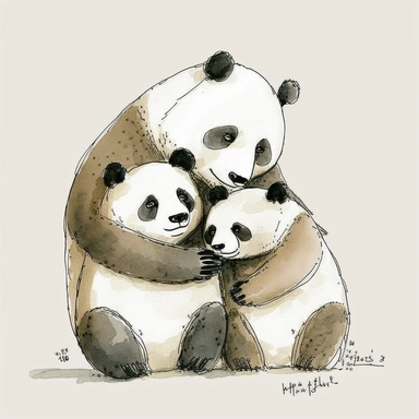 watercolor and ink drawing of a portrait of a family of three happy panda bears, one mom bear, one dad bear, one baby bear, clipart, embracing each other, cute pose, cartoon, doodle, happy, smiling, beautiful watercolor ink wash coloring, thick pencil lines, quentin Blake, Adrian tomine, popular on etsy, watercolor illustrations clipart, watercolor illlustrations for kids and children, book illustrations, plain white background