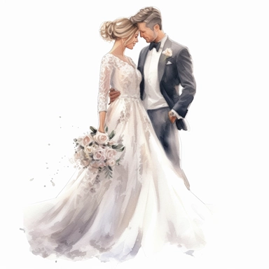 Wedding bride and groom, clipart, white background, in the style of elegant realism, muted and subtle tones, detailed painting, transparency and lightness