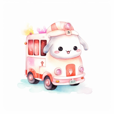 watercolor illustration of adorable cute Emergency vehicle kawaii, digital art, concept,art,8k,hd,kawaii,isolated,detailed,white backround, clipart