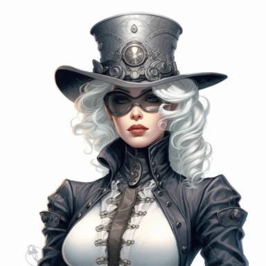 Solid white background. Waist-up illustration of a determined steampunk woman, her intense gaze and resolute smile reflecting her strong determination. Her fair skin and silver-white hair beautifully contrast her attire in shades of steel and platinum, a testament to Victorian elegance and steampunk aesthetics. Instead of a hat, she wears a sleek headband adorned with industrial motifs. The background lacks any steampunk elements. Pastel clipart, hyper-realistic, retro-futurism, solid white back