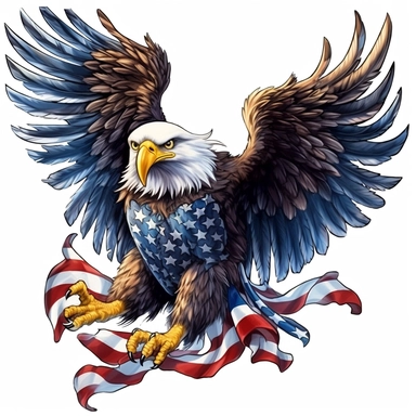 Eagle spread their wings and their feet pounce clipart, and and the American flag blends in with the eagle's feathers, watercolor Illustration clipart, 4K, extremely detailed Sublimation Clipart,Cartoon,hyper realistic, intricate detail, illustration style,high solution,on the white background