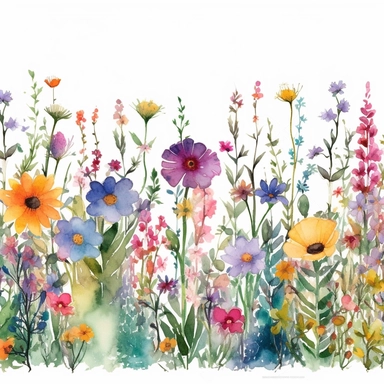 The watercolor floral border clipart becomes a Pixar 3D spectacle, inspired by the lush visual storytelling in Brave. Each wildflower in the border is rendered with delightful detail against a white background. The color temperature is balanced, showcasing the myriad hues of the wildflowers. No facial expressions are present, but each flower seems to tell a story. The lighting is soft and diffused, creating a cozy, warm atmosphere reminiscent of a fairy tale.