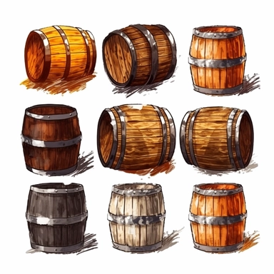 Beer Barrels: Paint clipart of wooden beer barrels, capturing the rich browns and intricate details of the barrel staves and metal bands, full color, clipart, watercolor illustration, single object, high definition 8k, white background for removing background