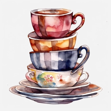 stack of coffee cups, clip art, watercolor, isolated white background, 8k
