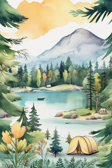 create a hand drawn watercolor Clipart of natural elements like trees, flowers, mountains, lakes, rivers, or wildlife, which can be used to enhance the overall camping scenes, 4k,