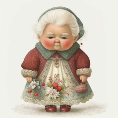 A cute Christmas Mrs Claus, Christmas, clipart, white background, 32k uhd, insanely detailed and sharp, flickr, plush doll art, soft faded colors, fairy tale watercolor art by Susan Wheeler, Thomas Kinkade and Marjolein Bastin