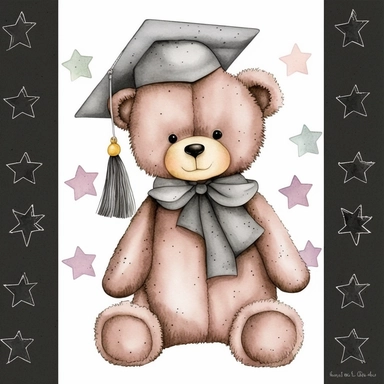 cute watercolour Teddy bear graduate stars, black and grey, Clipart isolated,