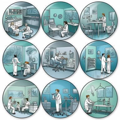 Design 40 individual circular 3D high-definition images for a Medical office specializing in internal medicine. Place related nurse and doctor related clipart inside each circular image.The art inside the images should embody the healthcare industry,e,l doctors and nueses concept and have a simple, elegant style. Use abstract images, to represent the medical field concept. Opt for a minimalist color scheme with shades of blue, green, gray, or burnt orange, conveying a professional and reliable m