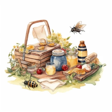a watercolor clipart, vector of picnic with bees in the style of vintage imagery, decorative paintings, subtle shading, nature core, muted colors, craftcore, on a white background, uhd image