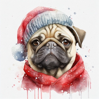 watercolor cute style, cute pug in christmas winter coat, christmas head, smiles, cute, pug in red ears, it's snowing, white background, clipart