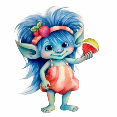 a watercolor, cute troll, hair standing up, blue hair, little nose, precious moments, adorable, holding watermelon, summer, clip art, contrasting colors, white background.