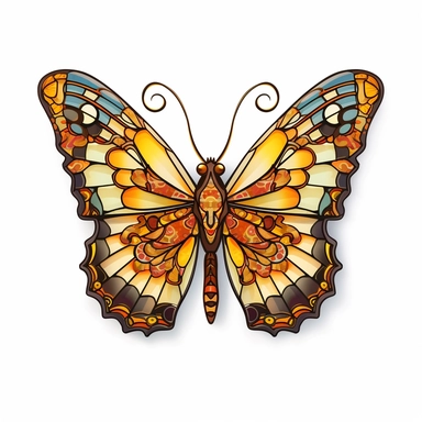 A beautifully crafted stained glass butterfly clipart, dominated by warm, sunny yellows, intricately detailed in a hyper-realistic style white background