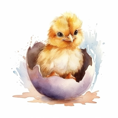cute little chick hatching from an egg, watercolor clipart on white background