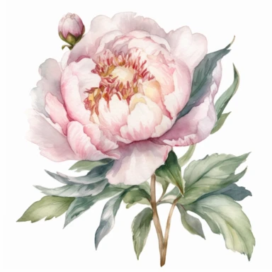 watercolor botanical one peony clipart, light color