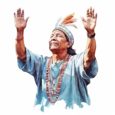 clipart, detailed watercolor, Indian praying to god raising his hands to the sky, national kosbm, photorealistic 3D