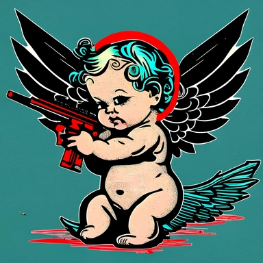 pop art baby sweat angel with machine gun K 112 drawing clipart animation realistic comic modern art