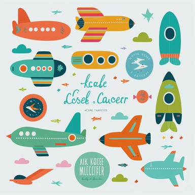 clipart collection of eight airplanes, quirky, teal, blue, green, pink, orange, vibrant, gouache, naive folk art, whimsical, Lilla Rogers agency illustrator, storybook style, 2d, knolling evenly spaced on white background