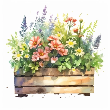 clipart, a watercolor painting of a wooden flower box filled with beautiful flowers and plants, in the style of yanjun cheng, colorful animations, rough clusters, clean and simple designs, leica cl, warm color palettes, colorful washes, white background--ar 34:33