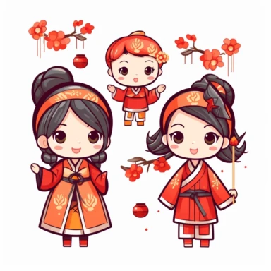 Clip art Chinese New Year costume, flat color, thick lines, cute cartoon white background 8k,--q3