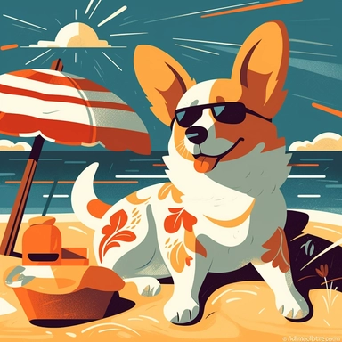 Clipart style corgi, oversized sunglasses, lounging on a sunny beach, clear skies, playful pose, hatching for texture, simple forms, bold outlines, colorful palette