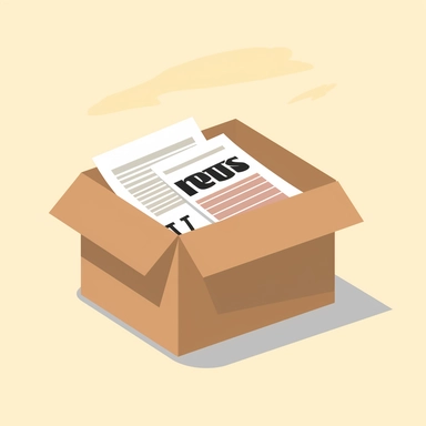 a cardboard box with newspapers with fake news flying out of it, in the style of simplistic clipart