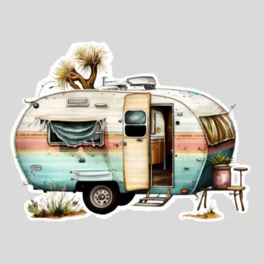 Vintage Mobile Travel Home Watercolor, clipart, white background, no watermark, no text, no word
