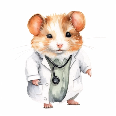watercolor clipart, vey cute happy hamster, wearing a stethoscope and a white coat, working as a veterinarian, watercolor style, realistic, bright colors, 300 dpi, 8k, white and clear background, high solution, no watermark
