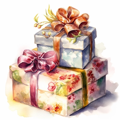 insanely beautiful pile of 3 gift packages , in the style of beatrice potter, 32k uhd, hand-painted details, pastoral illustrations, amazing colour combinations , aquarellist, hd , white background clipart ,-- no watermark--ar 27:37