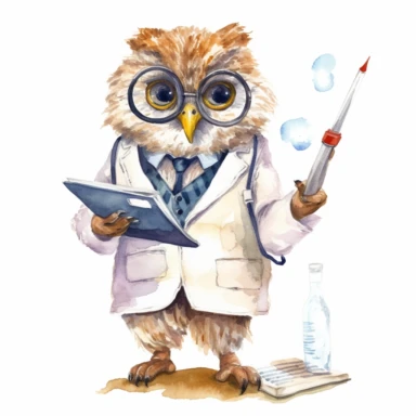 a whimsical watercolor clipart image with a white background, portraying an inquisitive owl scientist wearing a lab coat and holding a clipboard, carefully documenting their observations.