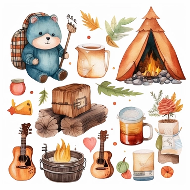 cute kawaii camping clipart set, watercolor, ,white background