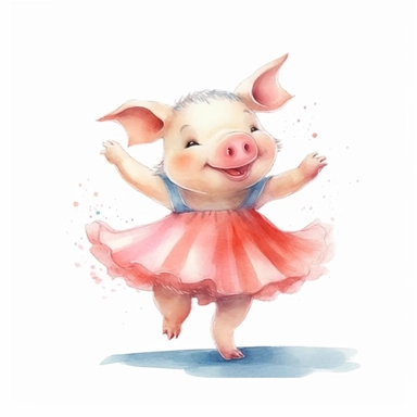 a cute ballerina pig dancing, full body, pencil and watercolor clipart style, cartoon style, super high quality, high resolution, pastel colors, isolated white background, 8k