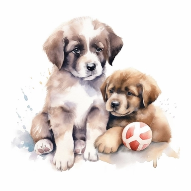 Watercolor puppies playing, with cuddly toy bone Clipart - cute dogs , Colour of brindle brown and cream, white background, vector art, high definition, clip art, ar 2:2
