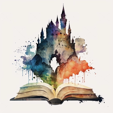 Clipart, Mythical Watercolor Castle Emerging from an Open Book, no background, hd