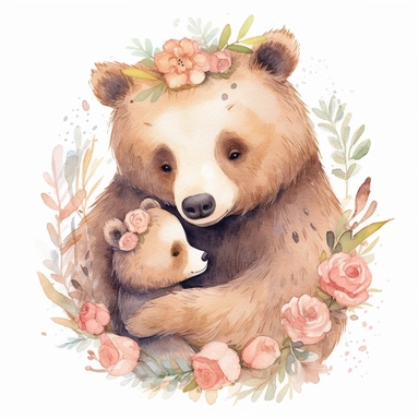 Cute floral illustration, realsitic adorable baby Bear hugging his mom happy clipart, nursery style clipart, Nursery Animals Art, Kids Wall Art, Kids Room Decor, Baby Room Decor, isolated on white, ultra - detailed, high quality, ghibli style, award winning