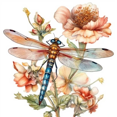 artwork in the style of cicely mary barker, clipart, whimsical watercolour illustration of a cute dragonfly and flowers, very colourful, watercolor clipart, book cover illustration, hyper HD