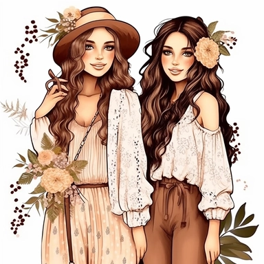 boho Best Friends Clipart, Girlfriends, full body, fashion, pretty face