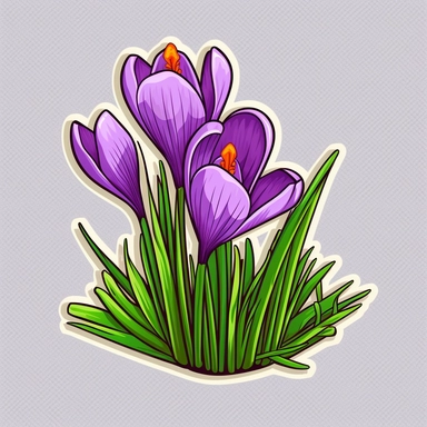 Isometric Sticker Clip Art of Crocus Flower in grass, children friendly, illustrated in a playful and realistic style, perfect for any special occasion, cut out in the shape of Crocus Flower, with no visible background, giving it the appearance of a sticker, conveying a mystical and whimsical mood, edited with Adobe Photoshop to adjust brightness and contrast, rendered as a transparent PNG file with a high resolution to ensure a crisp and clear image with no pixelation, suitable for various appl