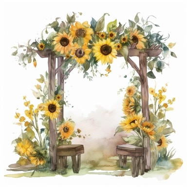 A watercolor clipart of a sunflowers wedding altar, in the style of a variety of natural colors, flat yet expressive, pastoral charm, naturecore, white background, vector
