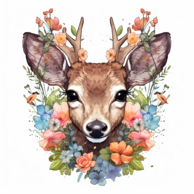 a cute floral standing deer flowers and plants stands tall and proud,DMT art style,The deer's eyes, large and expressive, possess a gentle and curious gleam,clipart,white background,hyper realistic,highly detailed