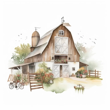 pretty white painted barn clipart, painted white, pretty charming farmyard setting with plants trees and farm accessories, fence, detailed watercolor illustration, light color palette, farmyard accessories, isolated on white background
