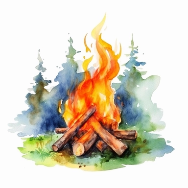 watercolor colorful clipart of a joyful summer campfire, hd, on white background